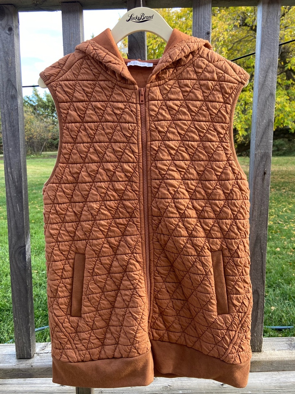 Rust Brown Quilted Jersey Vest Cozy Teddy Bear Autumn Fall Fashion with Hood